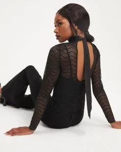 ACOA-001 Annabella Crochet Lace Mock Neck Bodysuit - Black - FINAL SALE -clothes Sales 01 Annabella Crochet Lace Mock Neck Bodysuit Black 0736