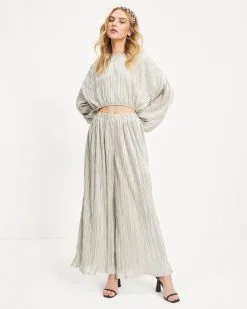 DRES-001 Kiyara Pocketed High Rise Shimmer Plisse Pants - Silver - FINAL SALE