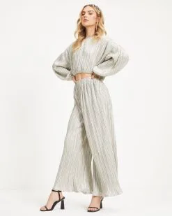 DRES-001 Kiyara Pocketed High Rise Shimmer Plisse Pants - Silver - FINAL SALE -clothes Sales 01 KiyaraBillowedShimmerPlisseTop Silver 0121