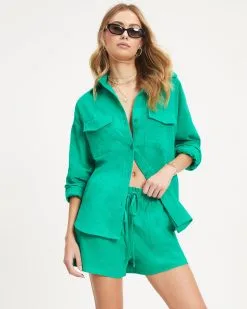Offshore Dreams Cotton Button Down Top - Emerald - FINAL SALE -clothes Sales 03 OffshoreDreamsPocketedDrawstringShorts Emerald 0374