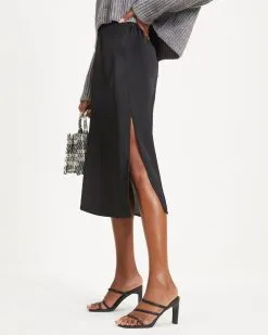DRES-001 Everly Mine Matte Satin Side Slit Midi Skirt - Black - FINAL SALE