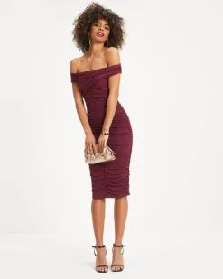 Wilhelmina Off The Shoulder Ruched Midi Dress - Wine - FINAL SALE -clothes Sales 06 WilhelminaOffTheShoulderRuchedMidiDress Wine 0706