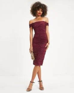 Wilhelmina Off The Shoulder Ruched Midi Dress - Wine - FINAL SALE