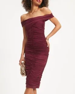 Wilhelmina Off The Shoulder Ruched Midi Dress - Wine - FINAL SALE -clothes Sales 06 WilhelminaOffTheShoulderRuchedMidiDress Wine 0715