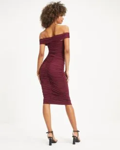 Wilhelmina Off The Shoulder Ruched Midi Dress - Wine - FINAL SALE -clothes Sales 06 WilhelminaOffTheShoulderRuchedMidiDress Wine 0765
