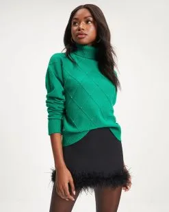 Ruth Knit Turtleneck Pearl Embellished Pullover Sweater - Emerald - FINAL SALE