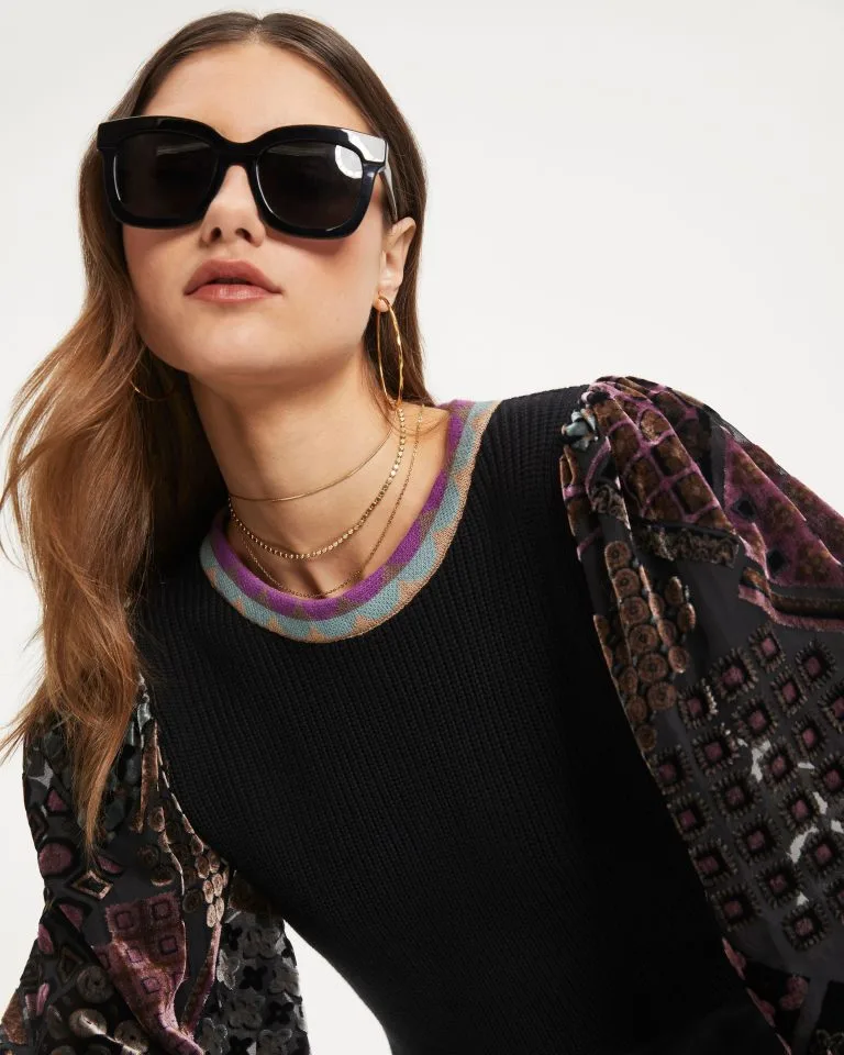 Penelope Contrast Knit Burnout Velvet Pullover Sweater - Black - FINAL SALE 2 Penelope Contrast Knit Burnout Velvet Pullover Sweater - Black - FINAL SALE - Image 2