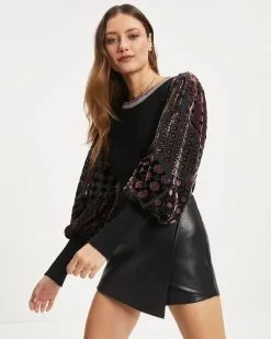 Penelope Contrast Knit Burnout Velvet Pullover Sweater - Black - FINAL SALE