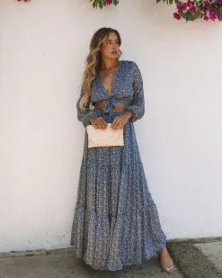 TYCH-001 Scenery Printed Tiered Maxi Skirt - Navy - FINAL SALE