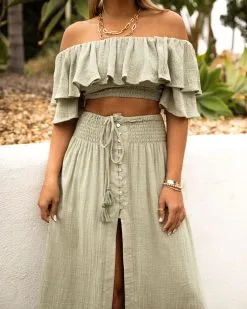 OLIV-001 Huma Cotton Smocked Tassel Maxi Skirt - Sage - FINAL SALE -clothes Sales 0L4A4821 144a9230 0811 4a94 a6e1 00e8713e3cea