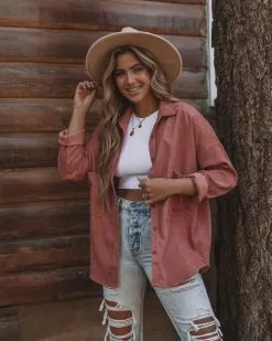 FLAW-001 Refresh Pocketed Button Down Corduroy Top - Rosewood