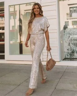 AAKA-001 Wintour High Rise Sequin Pants - Champagne - FINAL SALE