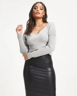 Delanie Ribbed Crop Sweater Top - Grey - FINAL SALE -clothes Sales 10 DelanieRibbedCropSweaterTop Grey 1255