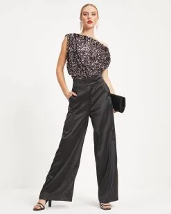 SALT-001 Ellis Satin Pocketed Wide Leg Pants - Black - FINAL SALE