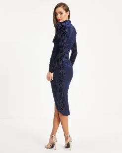 Elodie Puff Shoulder Burnout Velvet Midi Dress - Navy - FINAL SALE -clothes Sales 16 ElodiePuffShoulderBurnoutVelvetMidiDress Navy 1110