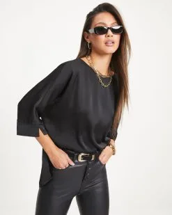 Julie Satin Side Slit Top - Black - FINAL SALE -clothes Sales 16 JulieSatinSideSlitTop Black 1258