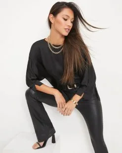 Julie Satin Side Slit Top - Black - FINAL SALE