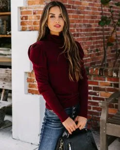 Adamant Puff Sleeve Turtleneck Sweater - Burgundy - FINAL SALE