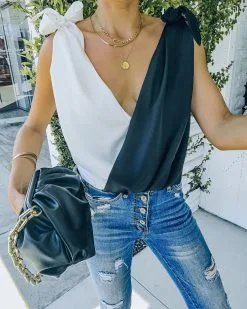 STRU-001 Both Worlds Satin Drape Tie Bodysuit - Black White - FINAL SALE