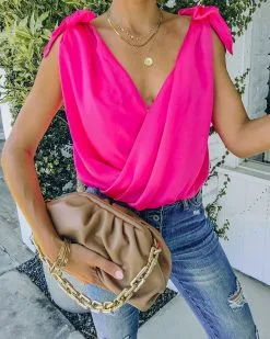 STRU-001 Marabelle Satin Drape Tie Bodysuit - Fuchsia - FINAL SALE