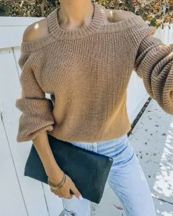 Malia Cold Shoulder Knit Sweater - Camel - FINAL SALE