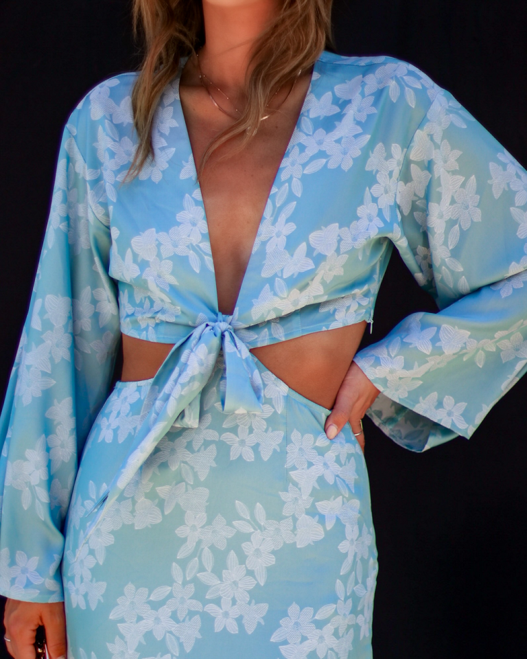 AEOM-001 Fern Cutout Tie Front Maxi Dress - Sage Blue 3 AEOM-001 Fern Cutout Tie Front Maxi Dress - Sage Blue - Image 3