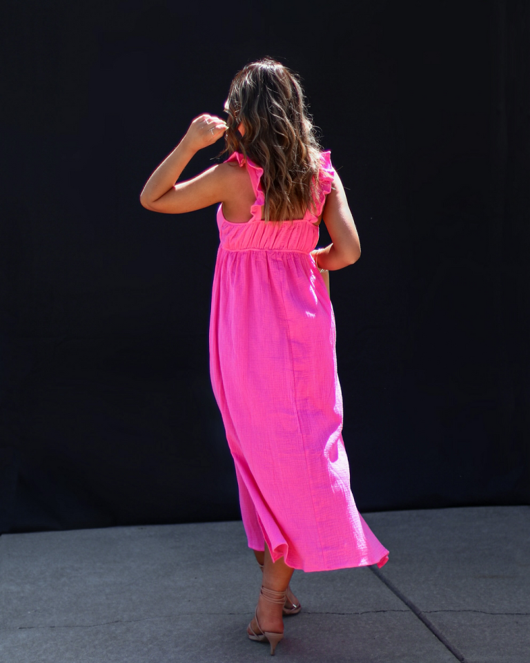 Melia Flutter Sleeve Midi Dress - Hot Pink 2 Melia Flutter Sleeve Midi Dress - Hot Pink - Image 2