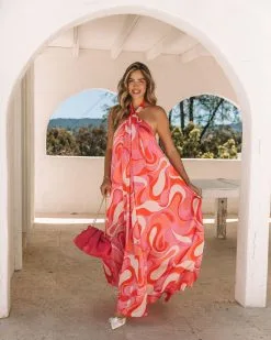 AAKA-001 Shades Of Spring Satin Printed Halter Maxi Dress