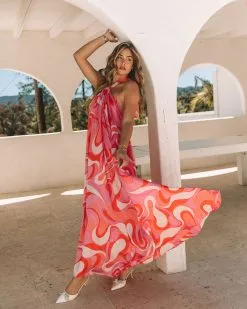 AAKA-001 Shades Of Spring Satin Printed Halter Maxi Dress -clothes Sales 369A5785