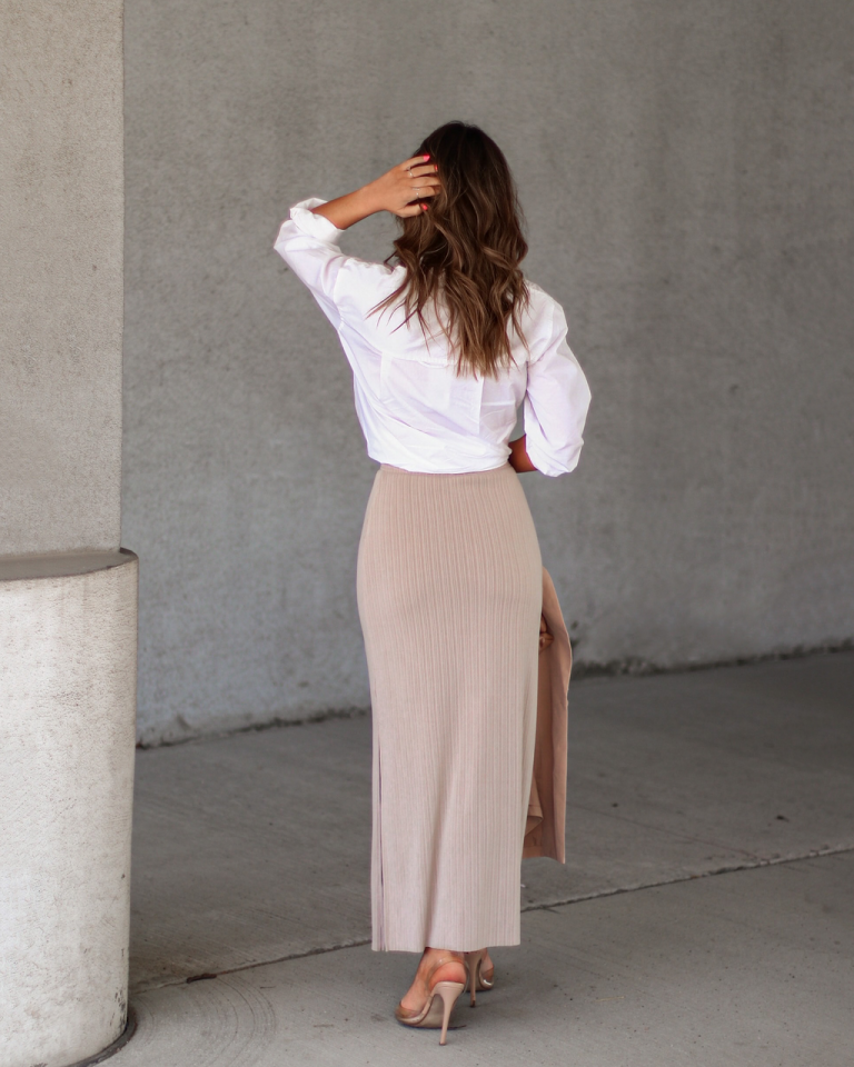 MOD -001 Kia Ribbed Slit Maxi Skirt - Taupe 4 MOD -001 Kia Ribbed Slit Maxi Skirt - Taupe - Image 4