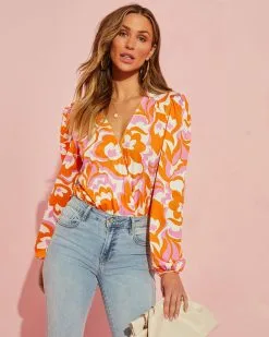 SKYL-002 Fleurine Printed Drape Bodysuit –Orange 