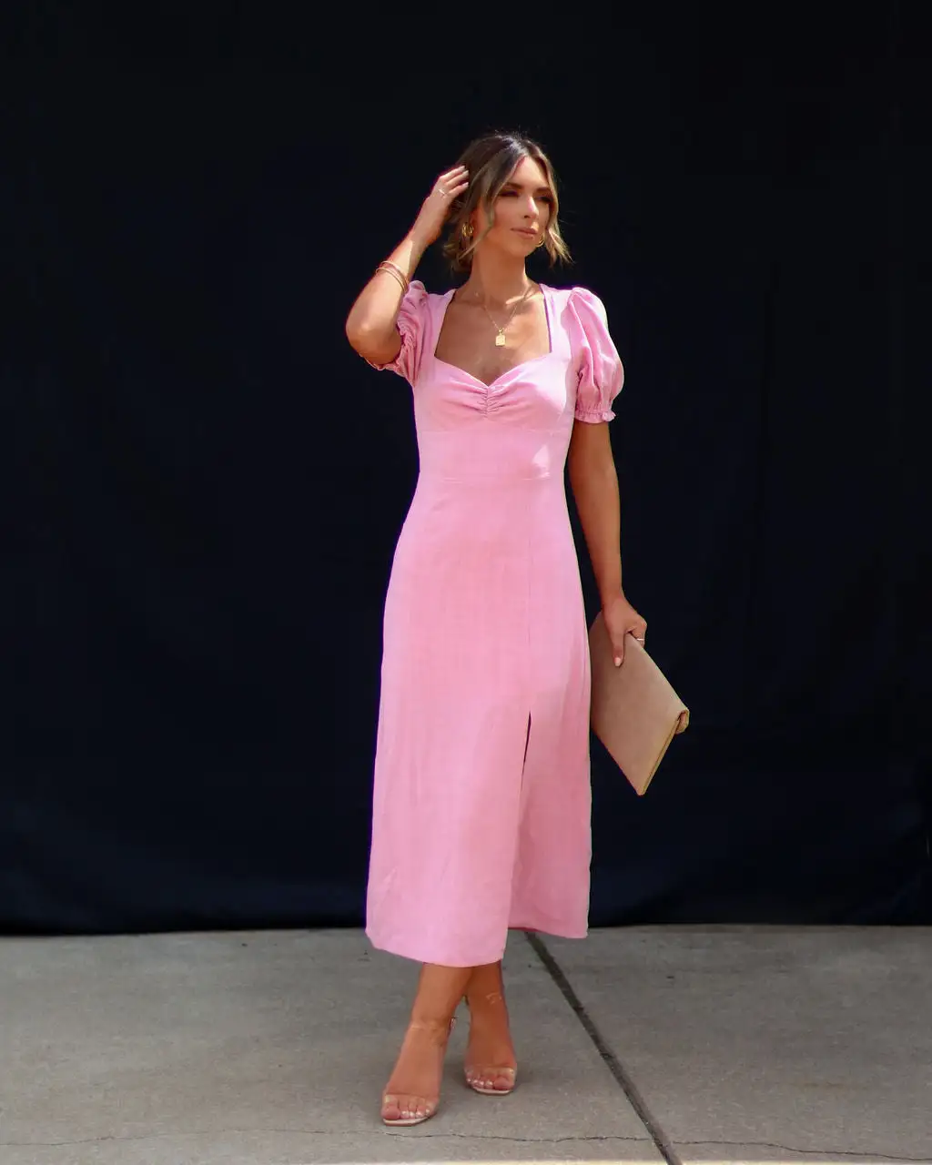 Good Grace Puff Sleeve Side Slit Midi Dress - Pink 1 Good Grace Puff Sleeve Side Slit Midi Dress - Pink