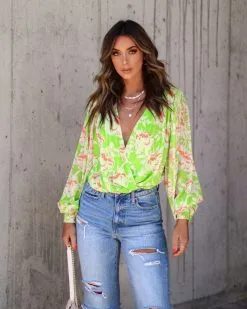 SALT-001 Haven Floral Chiffon Balloon Sleeve Bodysuit - Lime