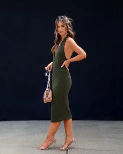 TYCH-001 Champagne Dreams Halter Ribbed Midi Dress - Olive -clothes Sales 50FD0DEB 50AB 4804 8478 9DAEB4DD6052