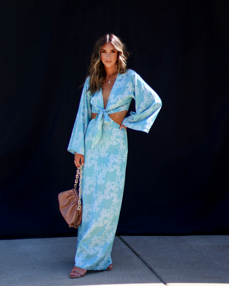 AEOM-001 Fern Cutout Tie Front Maxi Dress - Sage Blue 1 AEOM-001 Fern Cutout Tie Front Maxi Dress - Sage Blue