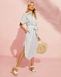 Douglas Striped Cotton Midi Dress - White/Blue -clothes Sales 611dress0842