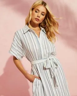Douglas Striped Cotton Midi Dress - White/Blue -clothes Sales 611dress0881
