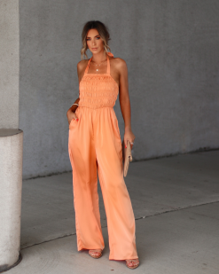 Aria Satin Smocked Pocketed Jumpsuit - Dusty Orange - SALE