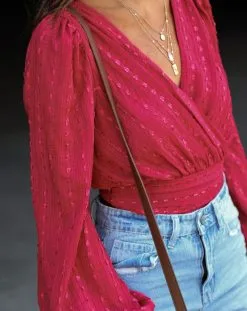 SKYL-002 Twaine Drape Textured Bodysuit - Marsala - FINAL SALE