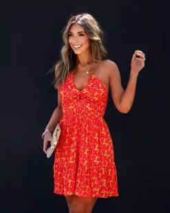 Golden Poppy Halter Pocketed Mini Dress