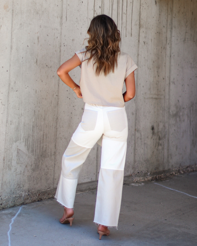 MIOU-001 Checkmate Denim Frayed Hem Pants - Beige Combo 4 MIOU-001 Checkmate Denim Frayed Hem Pants - Beige Combo - Image 4