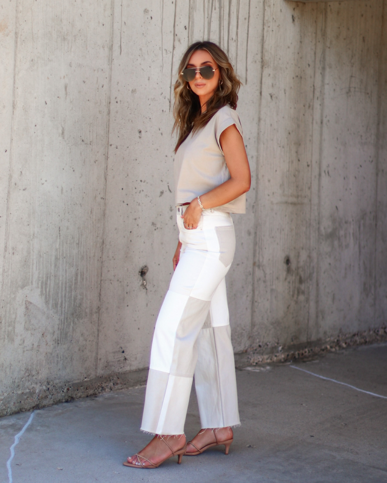 MIOU-001 Checkmate Denim Frayed Hem Pants - Beige Combo 5 MIOU-001 Checkmate Denim Frayed Hem Pants - Beige Combo - Image 5