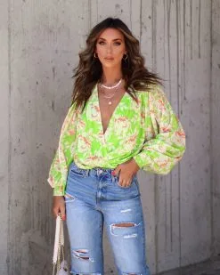 SALT-001 Haven Floral Chiffon Balloon Sleeve Bodysuit - Lime -clothes Sales 973DE8A8 2B3E 4016 B25D 3FB8B773BFAA