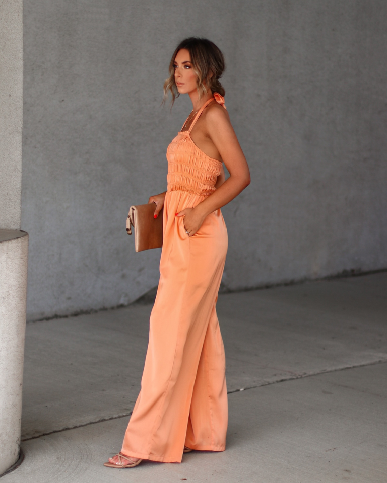 Aria Satin Smocked Pocketed Jumpsuit - Dusty Orange - SALE 5 Aria Satin Smocked Pocketed Jumpsuit - Dusty Orange - SALE - Image 5