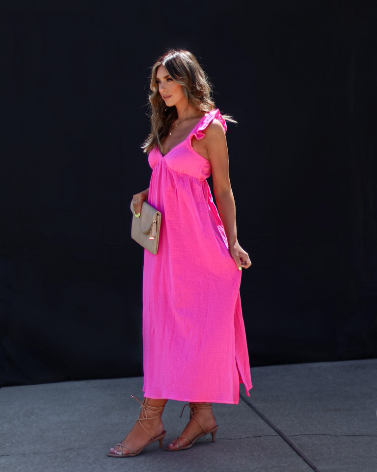 Melia Flutter Sleeve Midi Dress - Hot Pink 5 Melia Flutter Sleeve Midi Dress - Hot Pink - Image 5