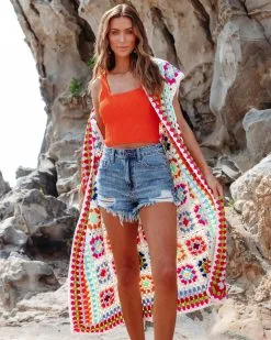 Indio Valley Knit Crochet Short Sleeve Duster