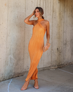 Cabo Plisse Twisted Front Maxi Dress - Marigold
