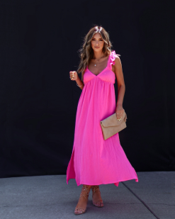 Melia Flutter Sleeve Midi Dress - Hot Pink