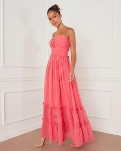 Celestia Strapless Tiered Maxi Dress - Coral