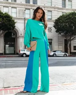 STRU-001 Abbey Satin Pocketed Wide Leg Pants - Turquoise/Blue - FINAL SALE -clothes Sales AbbeySatinCropTop PocketedWideLegPants Turquoise Blue15
